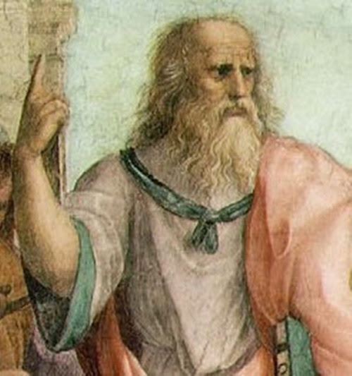 아리스토텔레스와 대화하면서 이데아론을 설파하는 듯한 플라톤. 출처: 라파엘로의 그림 ‘아네테 학당’