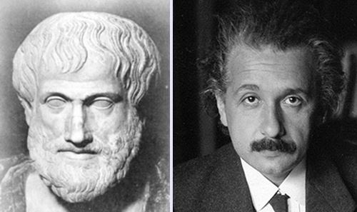 아리스토텔레스(왼쪽)와 아인슈타인. 두 사람은 제1원리(절대 가정)에 도달하는 방법을 매우 중요하게 생각했다. 출처: 위키피디아