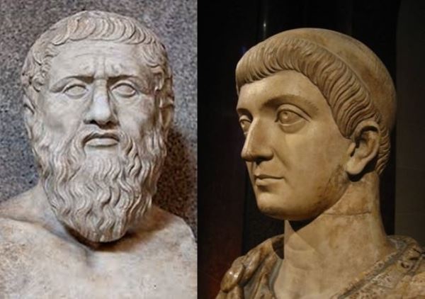 플라톤과 콘스탄티누스 황제 두상. 그는 로마황제로서 313년 기독교를 공인함으로써 유럽에 기독교 우주관이 뿌리내리는 데 결정적인 계기를 제공했다. 출처: Pravmir