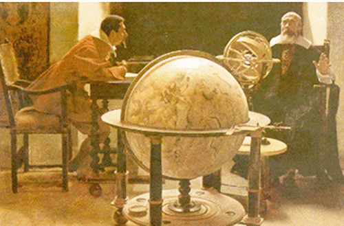 제자 빈첸치오 비비안니(왼쪽)와 토론하는 갈릴레이. 1892년경 그림. 갈릴레이가 "그래도 지구는 돈다(eppur, si mouve)"라고 중얼거렸다는 증거는 없다. 출처: 위키미디어