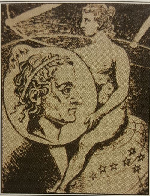 아르테미스 여신이 들고 있는 뉴턴 초상(77세 때) . William Stukeley 그림. 출처: '거인들의 어깨 위에 서서'(스티븐 호킹 편저, 김동광 옮김. 까치)
