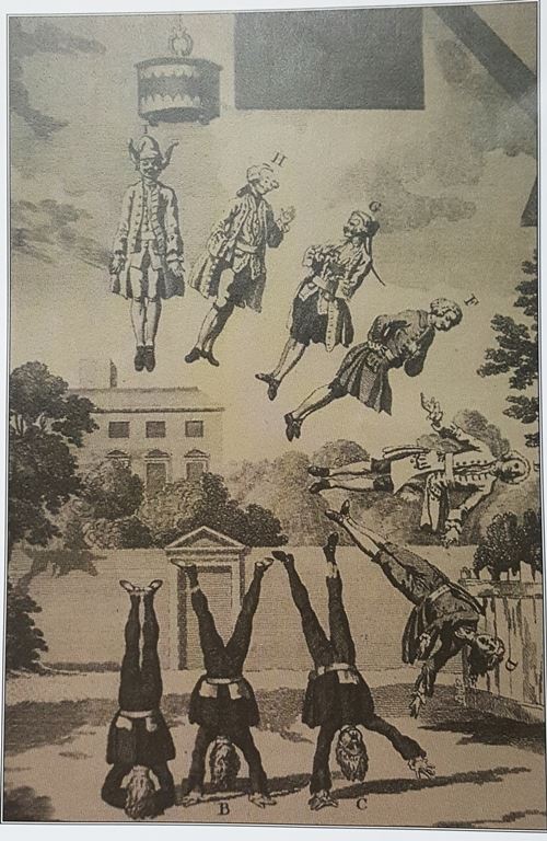 뉴턴의 중력 이론을 풍자한 18세기 만화의 삽화. 출처: '거인들의 어깨 위에 서서'(스티븐 호킹 편저, 김동광 옮김, 까치).