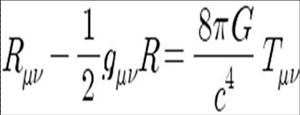 아인슈타인 방정식(혹은 중력장 방정식). Tµν : 스트레스-에너지 텐서, Rµν : 리치곡률 텐서, R : 리치 곡률, gµν = 계량텐서)