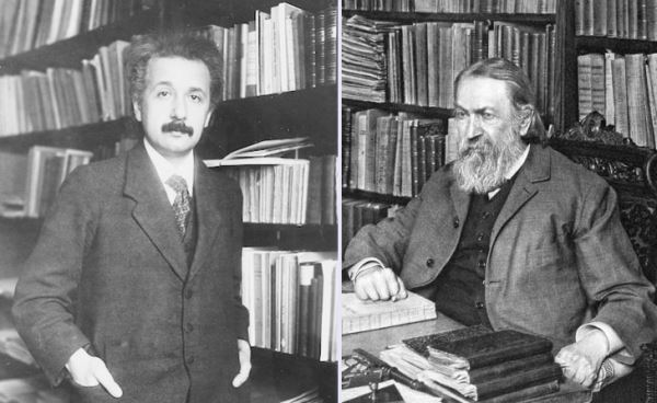 일반상대성이론을 완성한 다음해인 1916년의 아인슈타인(37세, 왼쪽)과 아인슈타인의 초기 과학 방법론에 큰 영향을 끼친 오스트리아 물리학자 마흐(1905년, 67세). 사진=Britannica