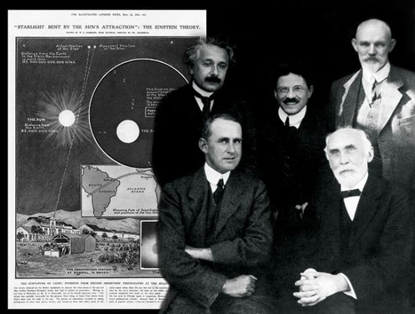 '빛이 휜다'는 일반상대성이론의 예언과 '일식 관측'을 통해 이를 검증한 사실을 보도한 기사(왼쪽). 이를 배경으로 1923년 9월 아인슈타인과 일반상대성이론 지지자들이 한데 모여 포즈를 취했다. 뒷줄 왼쪽부터 시계방향으로 아인슈타인, 에른페스트, 빌헬름 드 시테르, 로렌츠, 에딩턴. 사진 = 미국물리연구소(AIP) 홈페이지