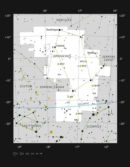 뱀주인자리(Ophiuchus) 옆에 위치한 바너드별(붉은원안)[출처: ESO, IAU]