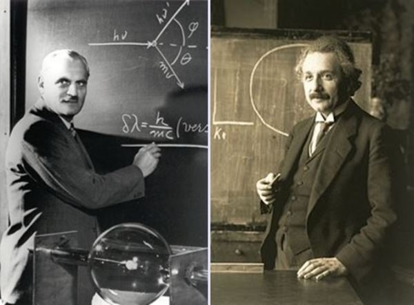 미국의 물리학자 콤프턴(왼쪽)과 아인슈타인. 아인슈타인이 1905년 제기한 광양자 가설을 18년 후인 1923년 콤프턴이 X선-전자 산란 실험으로 증명했다. 출처: 위키피디아