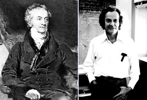 빛의 파동성을 증명하는 '영의 실험'을 고안한 토마스 영(왼쪽)과 이 실험에 양자역학의 모든 것이 담겨 있다고 평가한 리차드 파인만. 출처: 위키피디아