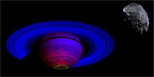 토성과 제9위성 '포이베'(오른쪽 상단)카시니호의 가시광 및 적외선분광기(VIMS)를 통해 본 토성과 고리. 푸른 색 부분은 물로 된 얼음이 상대적으로 밝게 빛나 형성된 것이다. 포이베는 가시광 이미지. [NASA, JPL, VIMS팀, 애리조나대학 제공]
