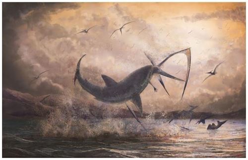 상어에게 잡아먹히는 프테라노돈 상상도[마크 위튼 제공/Hone D.W.E., Witton M.P., Habib M.B. 2018. Evidence for the Cretaceous shark Cretoxyrhina mantelli feeding on the pterosaur Pteranodon from the Niobrara Formation. PeerJ 6:e6031]