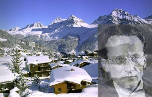 1925년 크리스마스와 1926년 초 슈뢰딩거가 파동방정식을 만들며 한 여인과 함께 머문 스위스 알프스의 휴양지 아로사 전경. 오른쪽 작은 사진은 슈뢰딩거./ Alchetron.com