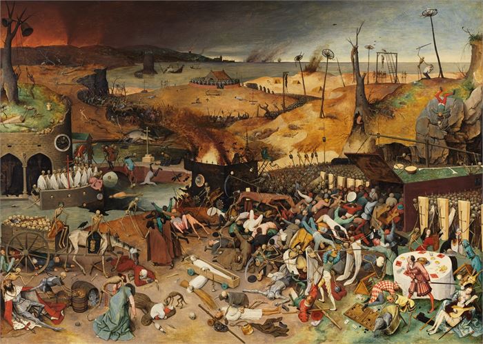 [Fig.1] 〈죽음의 승리〉(The Triumph of Death) Pieter Bruegel the Elder의 1562년 작품. 해골의 군대가 땅과 인간을 황폐화시키는 그림. 오른 쪽 하단에서 나는 악기 소리도 곧 멈출 것이다. (Public Domain)