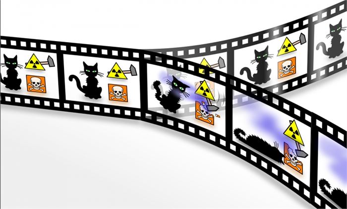 The quantum-mechanical "Schrödinger's cat" paradox according to the many-worlds interpretation. In this interpretation, every quantum event is a branch point; the cat is both alive and dead, even before the box is opened, but the "alive" and "dead" cats are in different branches of the multiverse, both of which are equally real, but which do not interact with each other.